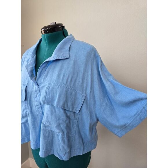 Marc New York Jeans XL Linen Blend Boxy Shirt NWT Quiet Luxury Blue Cropped - Picture 2 of 8
